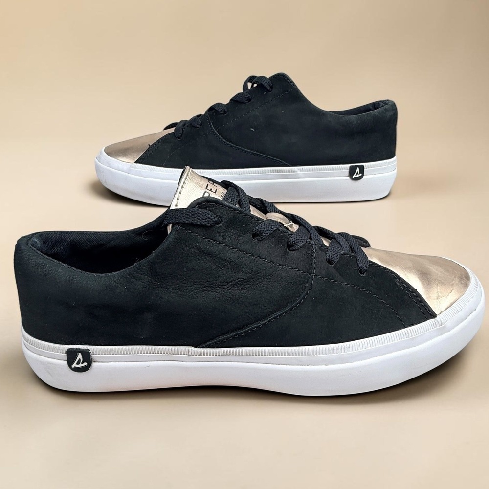 Sperry Crest Vibe Womens Black Suede Metallic Gold Toe Sneakers STS82604 Size 8